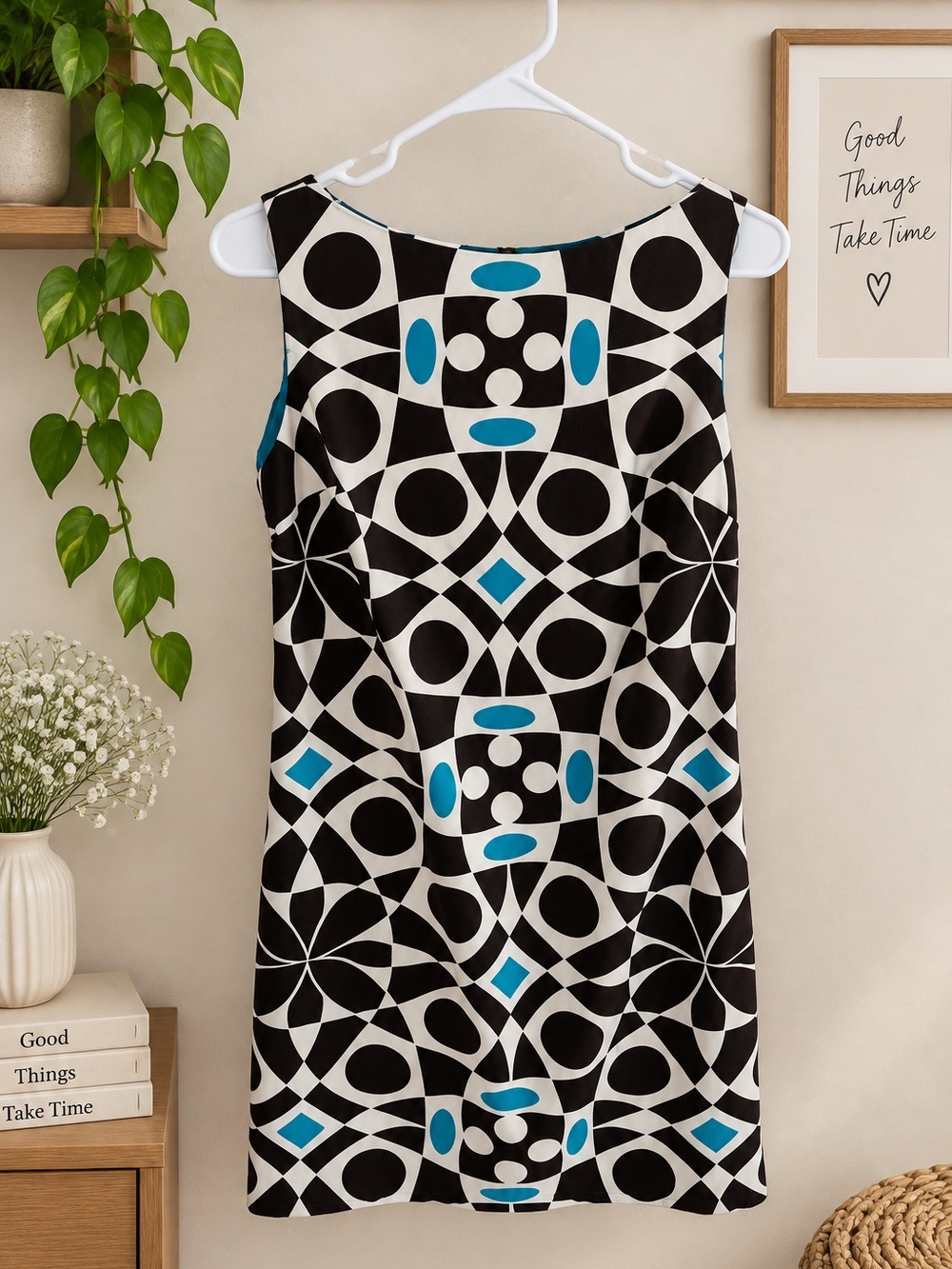 London Times Women’s Size 6 Geometric Mod Print Sleeveless Dress Teal Brown